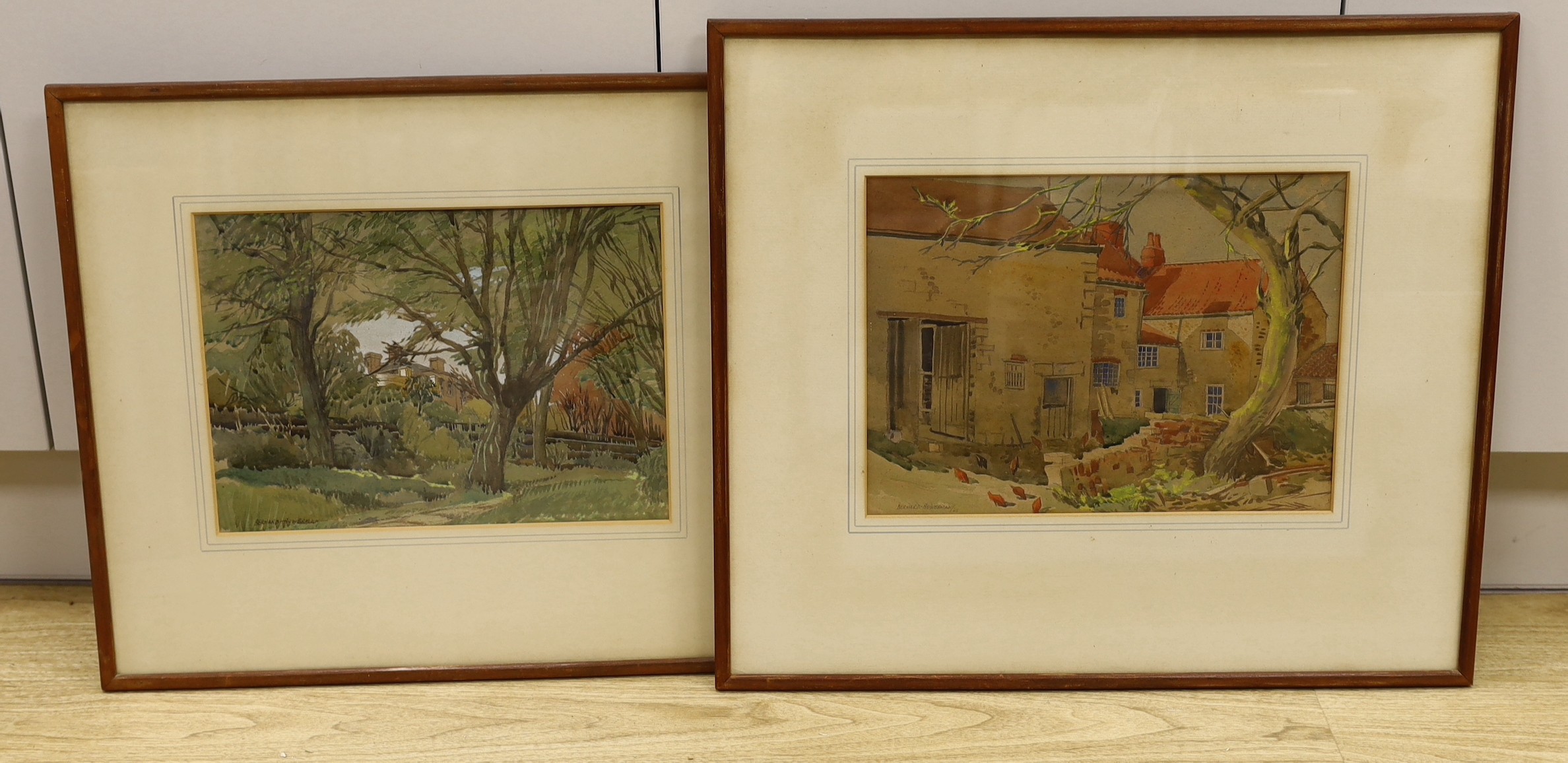 Bernard J.W. Bowerman (b.1911), two watercolours, Barn and Farmhouse at Marketing, Yorks, and Down by the wilderness, Buckhurst Hill, signed with labels verso, 26 x 35cm and 25 x 35cm